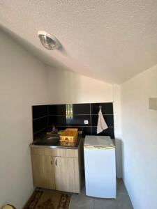 a small kitchen with a sink and a white refrigerator at Villa D&M in Ohrid