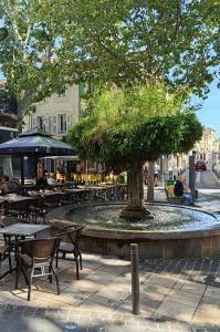 a tree in a fountain with tables and chairs at Studio Istres in Istres