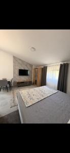 a bedroom with a large bed and a flat screen tv at Sea&Forest view in Buljarica
