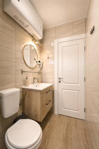 a bathroom with a toilet and a sink and a mirror at Căsuța Sofia in Sulina