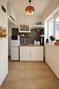 a kitchen with a white refrigerator and a sink at Căsuța Sofia in Sulina
