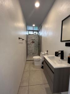 a bathroom with a toilet and a sink and a shower at Altima Arenal Volcano View in Tanque +13 photos