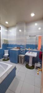 a blue bathroom with a sink and a toilet at Appartement Alger in Alger