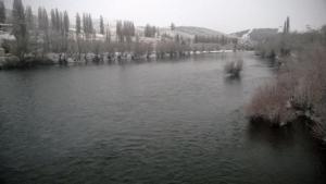 a large body of water with trees and buildings at Cabañas El Puente Azul in Aluminé