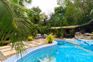 a pool with a palm tree next to a house at Casa Caribbean Coconut in Cahuita