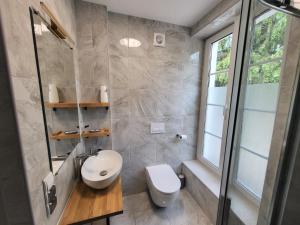 a bathroom with a toilet and a sink at PannaiLew in Ciechocinek