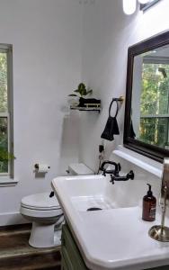 a white bathroom with a toilet and a sink at Private Beach, secluded! in Covington +7 photos