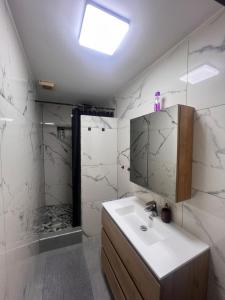 a bathroom with a sink and a shower at Studio 156 in Boussu +8 photos