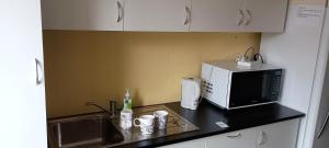 a kitchen counter with a microwave and a sink at Cooma Center Cortina Studio in Cooma