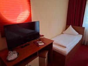 a hotel room with a television and a small bed at Pensiune Safrane in Băile Herculane