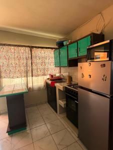 a kitchen with green cabinets and a refrigerator at Casa Rivota in Delicias