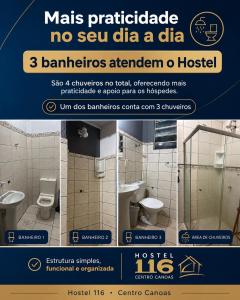 a collage of three pictures of a bathroom with toilets at Hostel 116 Centro Canoas in Canoas