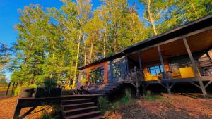 a cabin in the woods with a staircase leading to it at Bison Farm - Cabin "Vista" in Culpeper