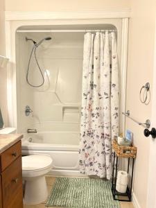 a bathroom with a shower curtain and a toilet at Private MasterBedroom in Charlottetown +14 photos