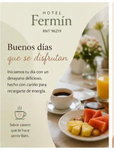 a flyer with a plate of fruit and a cup of coffee at Hotel Fermín in Santa Rosa de Cabal