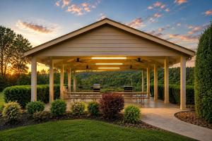 a gazebo with a picnic table and benches at 2 King BRs Balcony Resort Amenities Free Tix in Pigeon Forge