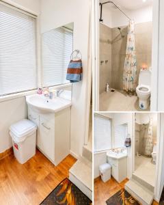 three pictures of a bathroom with a sink and a toilet at Private Guest Studio House, Separate Entry in Brisbane