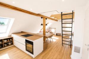 a kitchen with a desk and a ladder in a room at Dovce Apartments in Rakek