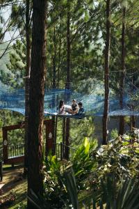 three people in a batting cage in a forest at Camping- Sanagua Lodge in El Copé