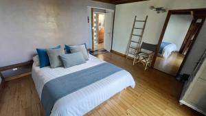 a bedroom with a large bed with blue pillows at Villa TheOceane in Les Avirons +32 photos