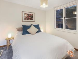a bedroom with a large white bed with blue pillows at Alpine Digs in Jindabyne