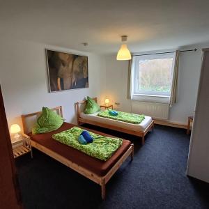 two beds in a room with a window at Mammut Cottage in Balve