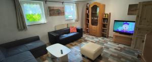 a living room with a couch and a tv at Mammut Cottage in Balve