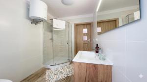 a bathroom with a sink and a shower at Apartamenty ADM in Poznań +62 photos