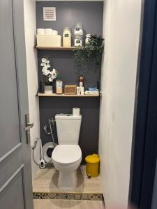 a bathroom with a white toilet in a room at Heaven Chambres chez l'habitant in Valergues