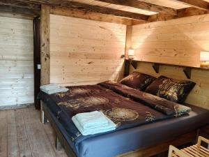 a bed in a room with wooden walls at Chata za Świerkami in Nowa Ruda +17 photos