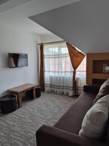 a living room with a couch and a window at Casa Deea in Căpăţîneni-Pămînteni