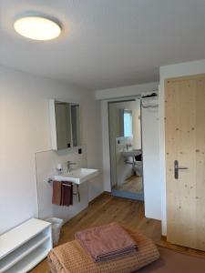 a bathroom with a sink and a mirror at Catrina Lodge in Disentis +25 photos