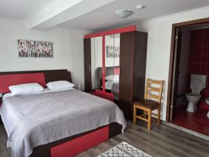 a bedroom with a bed and a chair and a toilet at Casa Deea in Căpăţîneni-Pămînteni