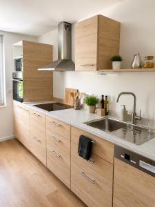 a kitchen with wooden cabinets and a sink at Horizons du Haut in Niederbronn-les-Bains