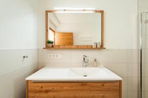 a bathroom with a sink and a mirror at Peak9 Apartment in Greifenburg