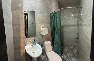 a bathroom with a sink and a toilet and a shower at Hotel Traveler in Kutaisi +43 photos