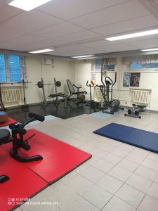 a gym with a lot of exercise equipment in a room at Tattara School Room 2 in Nakkila