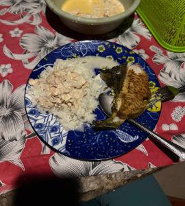 a plate of food with rice and a bird on it at Twin Beach Bungalows in Loh