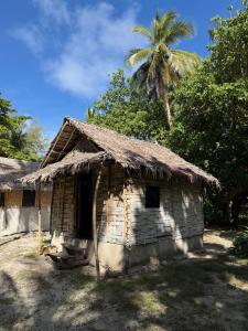 an old shack with a palm tree in the background at Twin Beach Bungalows in Loh +10 photos