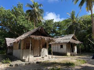 an old house with a straw roof and two palm trees at Twin Beach Bungalows in Loh