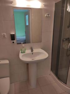 a bathroom with a sink and a shower and a toilet at Hostel Promyk in Iwonicz-Zdrój