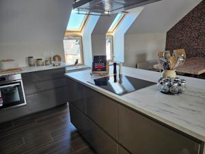 a large kitchen with a counter top and a counter sidx sidx sidx at Cap à l'ouest in Saint-Benoît-des-Ondes