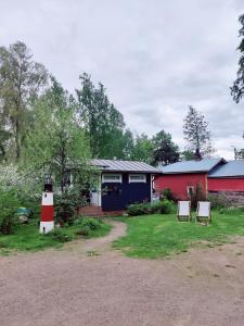 a house with a red and white lighthouse in the yard at Guesthouse Lokinlaulu in Kotka