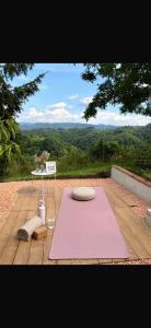 a pink rug on a wooden table with a view at Haloze Chill in Podlehnik