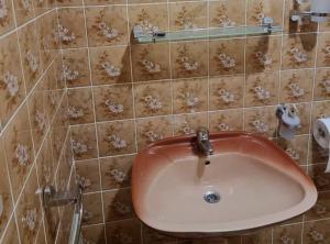 a bathroom with a sink and a tiled wall at Apartments Blink in Orebić