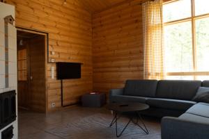 a living room with a couch and a television at Oravi Villa 1 Teeri in Savonlinna