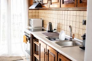 a kitchen with a sink and a microwave at Stathohouse - Peaceful Balcony Retreat in Filiatra in Filiatra +8 photos