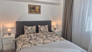 a bedroom with a bed with two night stands and two lamps at Unirii Residence in Bacău