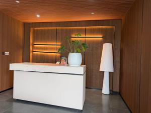 a plant in a white vase on a counter with a lamp at Yipin Noble Residence in Xinxu +47 photos