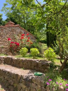 a garden with red flowers and a stone wall at Appartamento Puliesini in Montieri